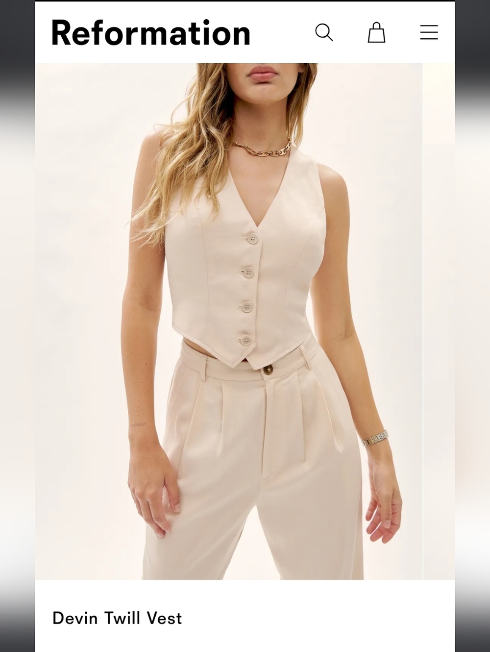 Reformation Devin Twill Vest In Oyster